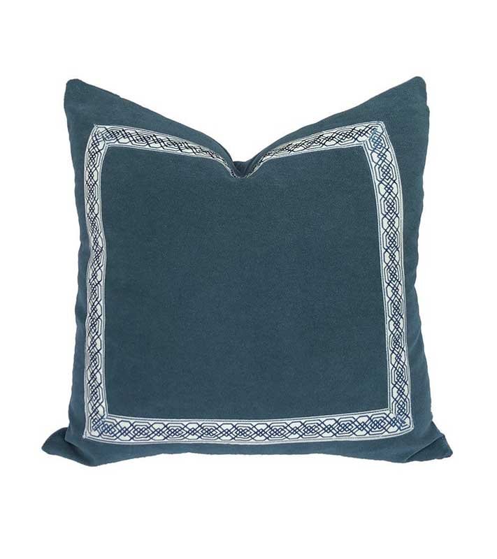Designer slate blue Velvet Pillow navy cream tape fret work Link ribbon trim All Size Available neutral Hollywood Regency square