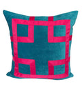 Designer turquoise teal velvet  Pillow Cover fuchsia pink Greek key Fret Gros Grain ribbon trim chinoiserie tape hollywood regency throw