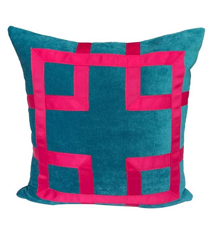 Designer turquoise teal velvet  Pillow Cover fuchsia pink Greek key Fret Gros Grain ribbon trim chinoiserie tape hollywood regency throw