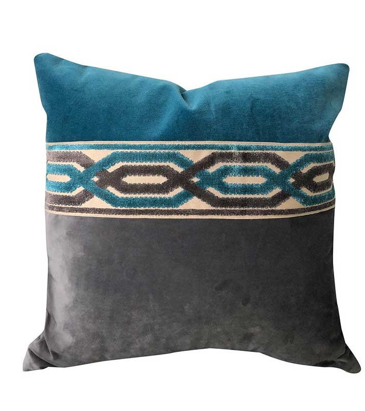 Designer Velvet Color block throw Pillow Cover Teal Charcoal Grey Taupe chinoiserie fretwork fret ribbon trim All Size Avail regency