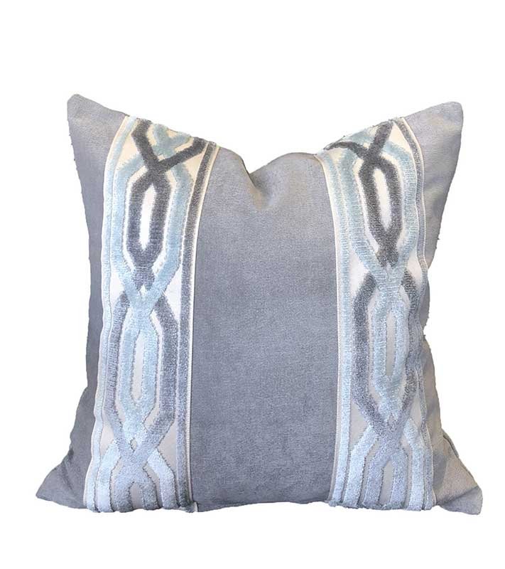 Designer Velvet light grey Pillow Cover blue aqua off white ribbon trim All Size Available chinoiserie Passementerie Chain Link