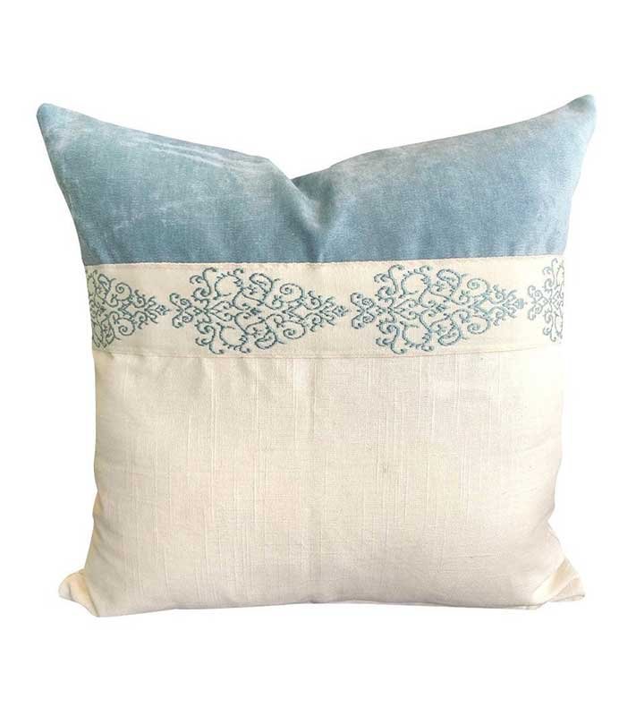 Designer Velvet Linen Color block throw Pillow Cover aqua Ivory floral  chinoiserie off white ribbon trim All Size Avail regency blue