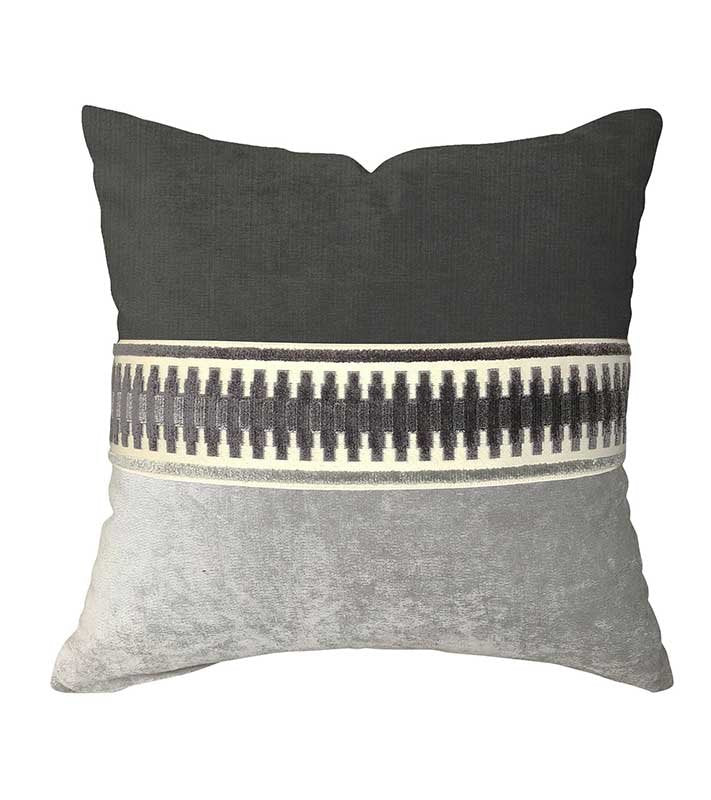 Designer Velvet Pillow Cover Colorblock Dark Grey charcoal Fret Work Link ribbon trim All Size Avail neutral Hollywood Regency tape high end