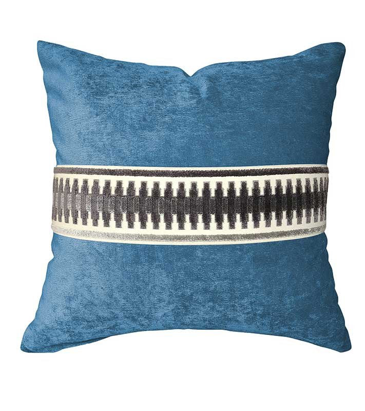 Designer Velvet Pillow Cover Colorblock Ocean Blue Grey charcoal Fret Work Link ribbon trim All Size Avail Hollywood Regency tape high end