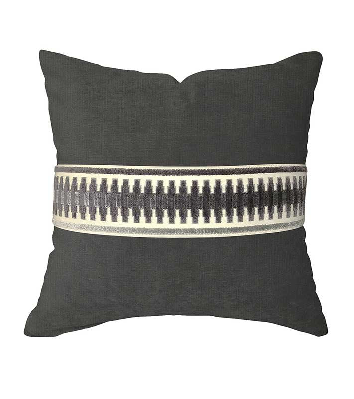 Designer Velvet Pillow Cover Dark Grey charcoal Fret Work Link ribbon trim All Size Available neutral Hollywood Regency tape high end