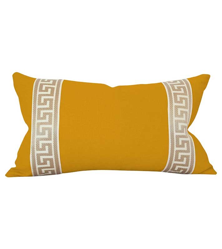 Designer Velvet throw Pillow Cover Mustard yellow Gold Cream Greek key ribbon trim All Sizes Available