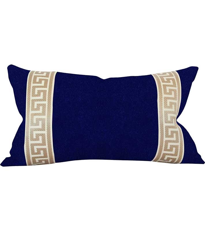 Designer Velvet throw Pillow Cover navy blue Cream Greek key ribbon trim All Sizes Available