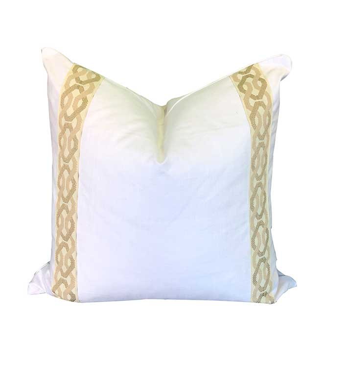 EURO Designer Decorative Pillow Shams White Linen Pillow Cover Ivory Taupe Chain link Fretwork key ribbon tape trim Twin Queen King