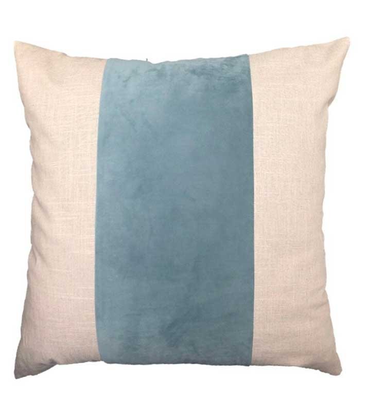 Flax Linen & aqua blue soft Velvet Colorblock Unique Designer Pillow Cover decorative  All Size Available 16" 18" 20" panel