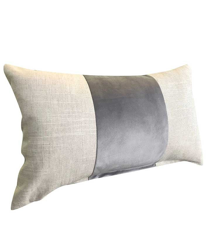 Flax Linen & dark siver grey soft Velvet Colorblock Unique Designer Pillow Cover decorative  All Size Available 16" 18" 20" panel