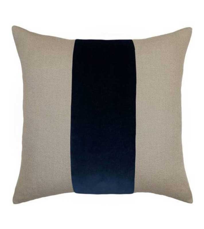 Flax Linen & Navy blue Velvet Colorblock Unique Designer Pillow Cover decorative  All Size Available 16" 18" 20" panel