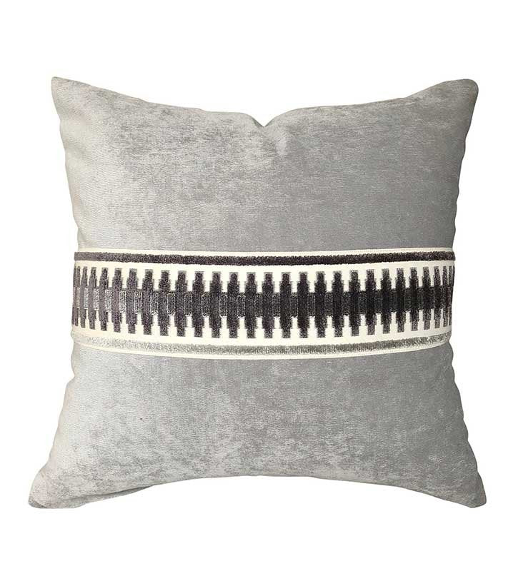 Grey Designer Velvet Pillow Cover Grey charcoal Fret Work Link ribbon trim All Size Available neutral Hollywood Regency tape