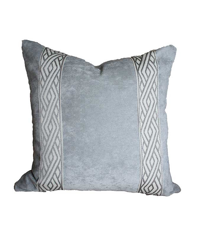 Grey Designer Velvet Pillow Cover Grey White Fretwork Link ribbon trim All Size Available neutral Hollywood Regency zig zag chevron