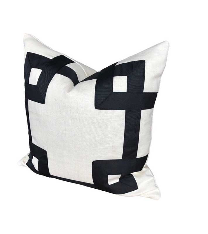 Italian Designer off white Linen Pillow Cover black Greek key Fret Gros Grain ribbon trim chinoiserie All Size ivory hollywood regency throw