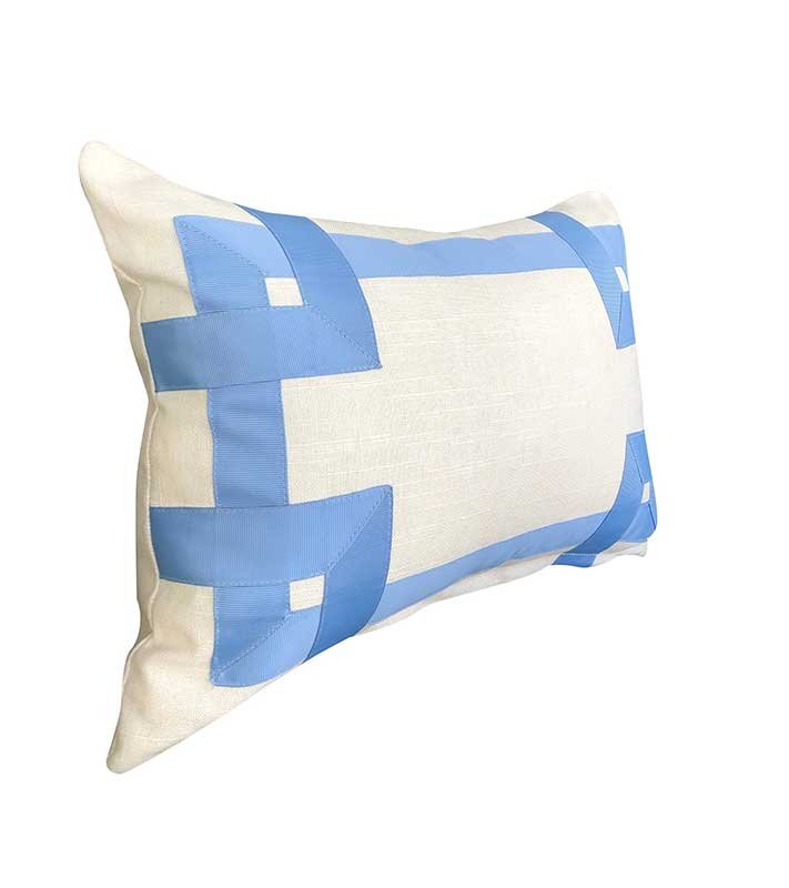 Italian Designer off white Linen Pillow Cover french blue Greek key Fret Gros Grain ribbon trim chinoiserie tape hollywood regency throw