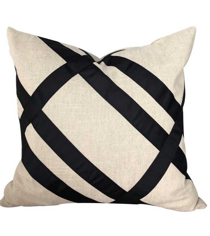 Natural beige Italian Designer Linen Pillow Cover black Gros Grain ribbon trim All Size flax grosgrain flax high end hollywood regency