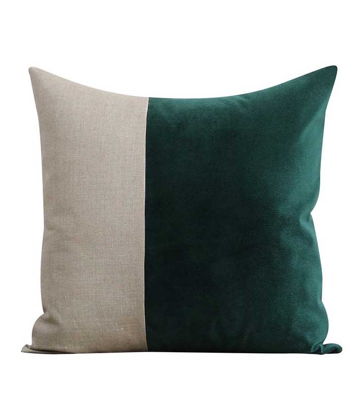 Natural Beige Linen & Hunter Green Velvet colorblock linen Pillow Cover decorative  All Size Available 16" 18" 20" lumbar square