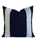 Navy Blue Designer Canvas Pillow Cover Grey White Greek key ribbon trim All Size Available