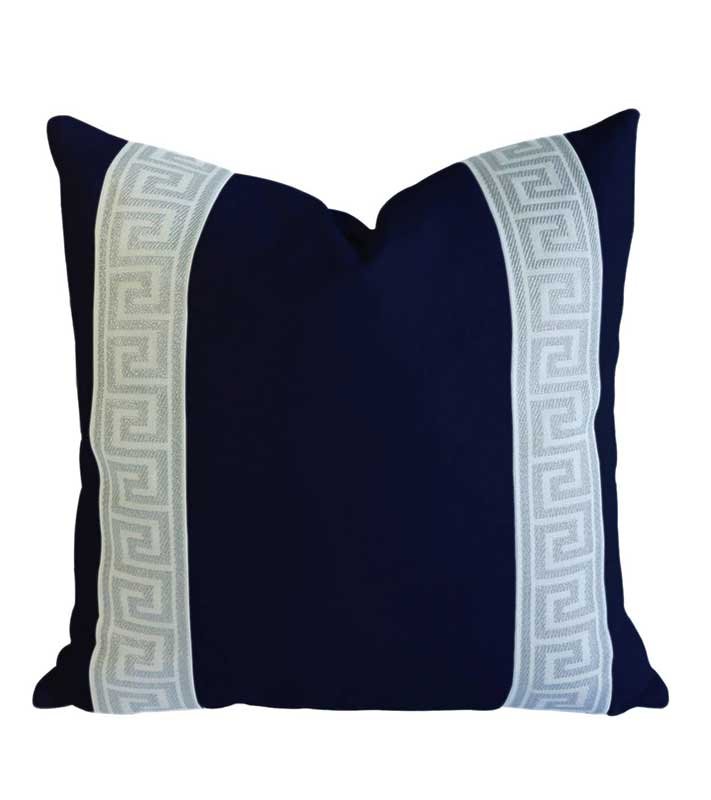 Navy Blue Designer Canvas Pillow Cover Grey White Greek key ribbon trim All Size Available