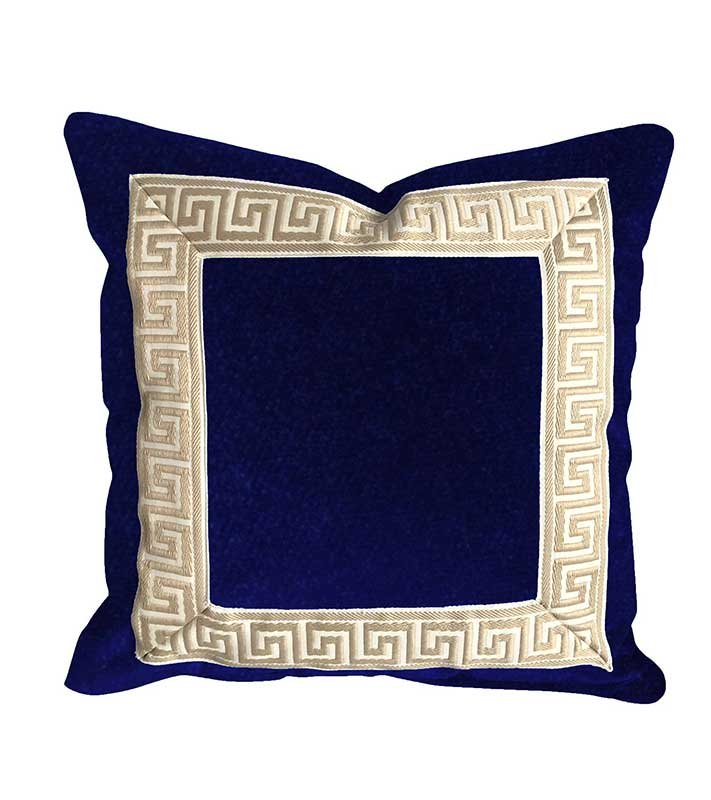 Navy Blue Designer Velvet Pillow Cover Beige White Greek key ribbon trim All Size Available indigo midnight Chinoiserie