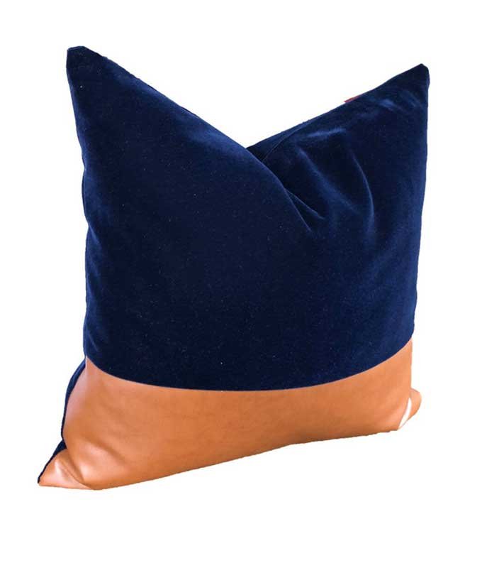 Navy blue Velvet wt Vegan leather Cognac  Colorblock panel Pillow Cover All Size Available cushion Brown