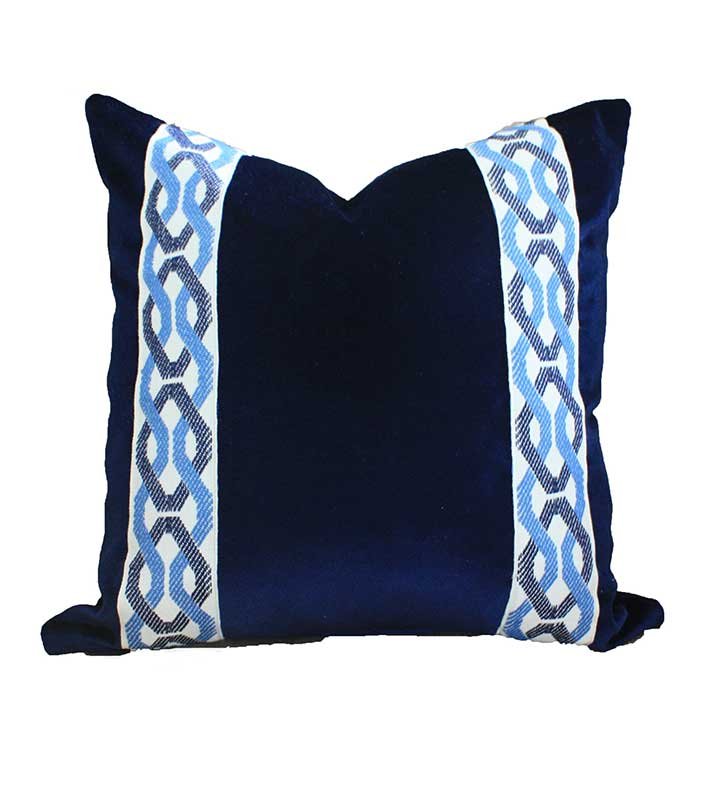 Navy Italian Velvet Designer Pillow Cover Navy Blue Ivory Chain Link Fret ribbon trim All Size Available