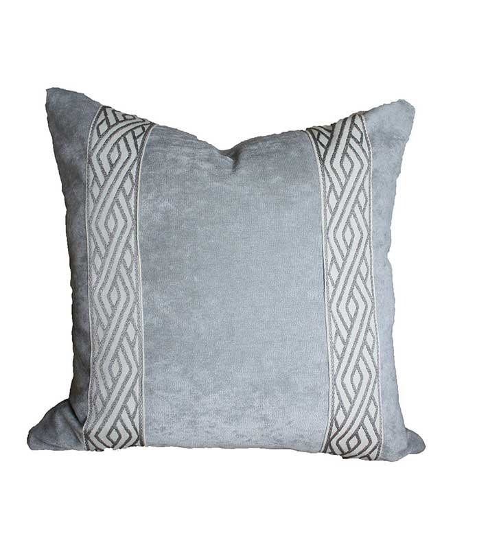 READY To SHIP Grey Designer Velvet Pillow Cover Grey White Fretwork Link ribbon trim All Size Available neutral Hollywood Regency zig zag