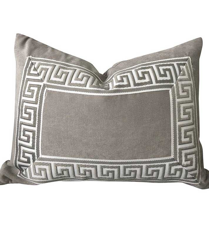 READY TO SHIP Grey Designer Velvet Pillow Cover Grey White Greek key ribbon trim  High end 12 X 16 two Available Bolster