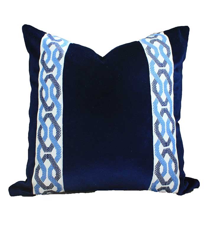 READY TO SHIP Navy Italian Velvet Designer Pillow Cover Navy Blue Ivory Chain Link Fret ribbon trim All Size Available