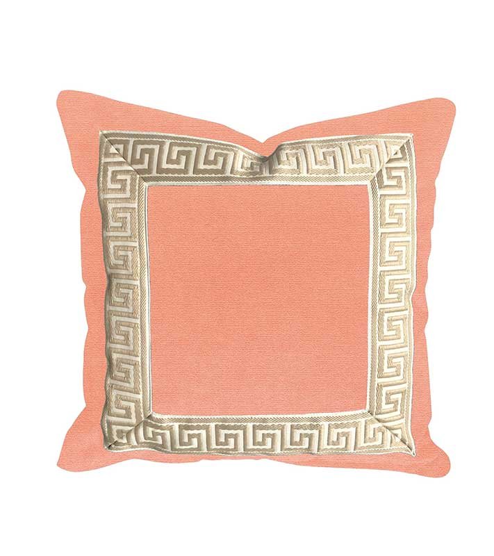 Salmon Pink Coral Designer Velvet Pillow Cover Beige White Greek key ribbon trim All Size Available peach