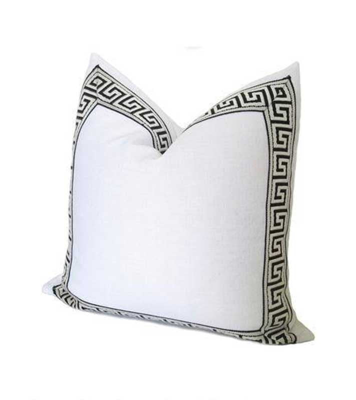 White Italian Designer Linen Pillow Cover black Greek key ribbon trim All Size