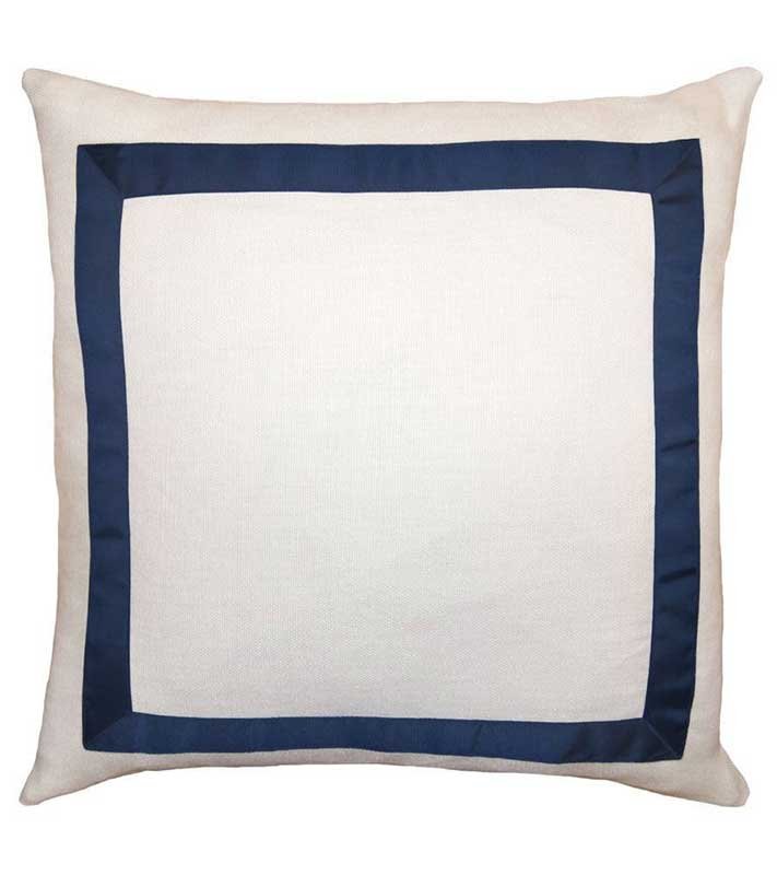 White Italian Designer Linen Pillow Cover Navy Gros Grain ribbon trim All Size