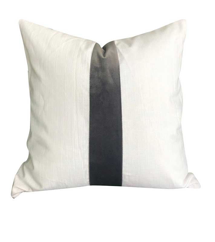 White Linen & Charcoal grey velvet Colorblock band Unique Designer Pillow Cover decorative  All Size Available 16" 18" 20" panel