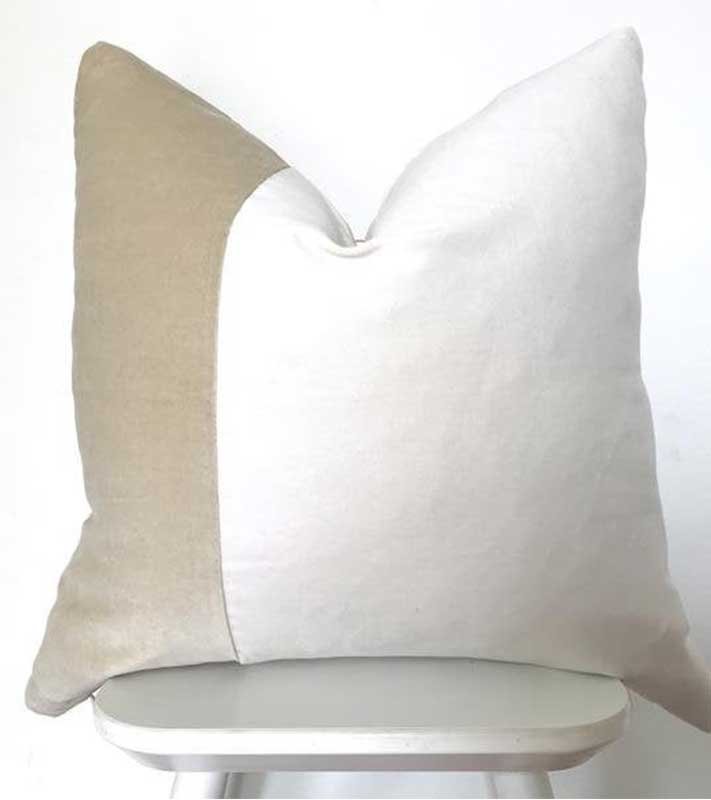 White Linen & Taupe Velvet colorblock linen Pillow Cover decorative  All Size Available 16" 18" 20" lumbar square