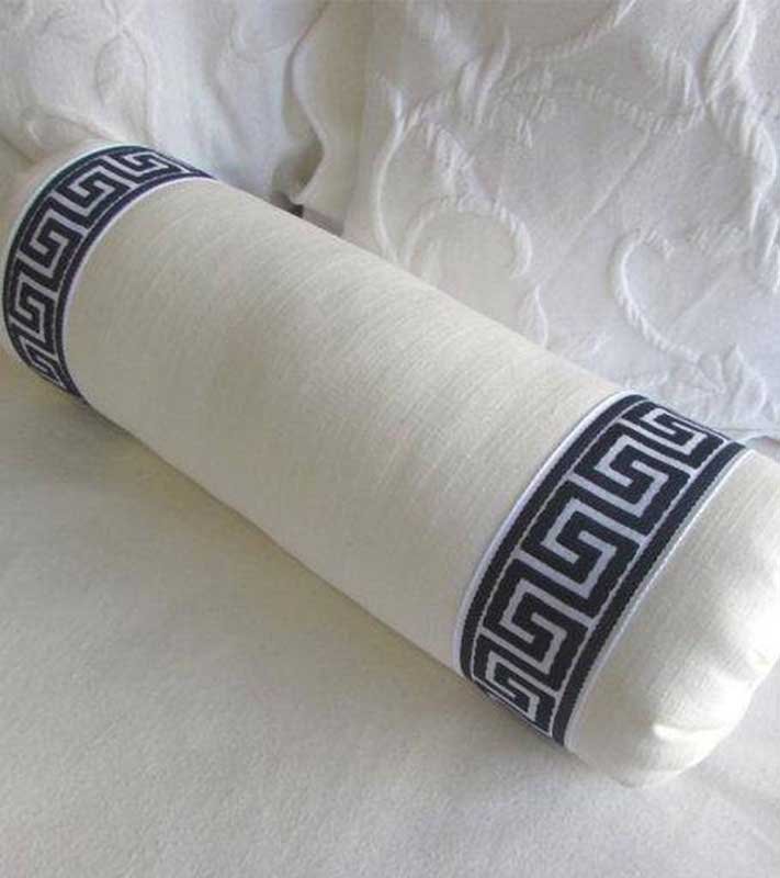 Bolster white linen & navy greek key ribbon trim Pillow Cover All Size Available cushion button tufted side