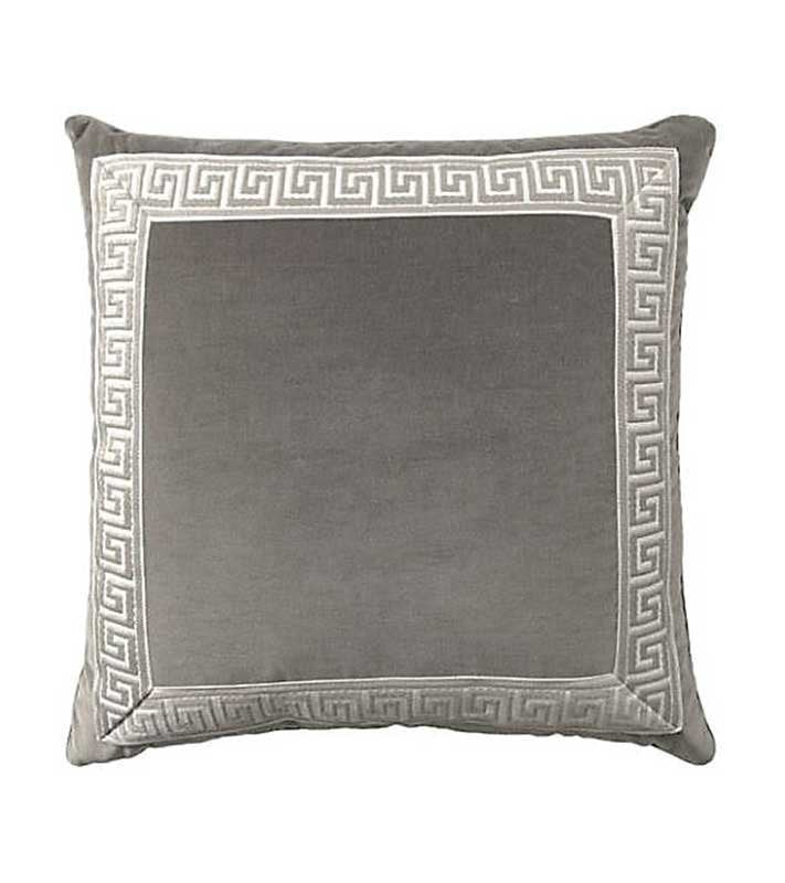 Charcoal Grey Designer Velvet Pillow Cover Grey White Greek key ribbon trim All Size Available neutral