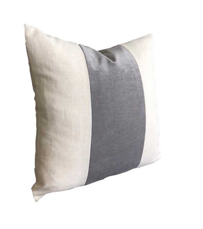 Cream Linen & grey velvet Colorblock Unique Designer Pillow Cover decorative  All Size Available 16" 18" 20" panel off white