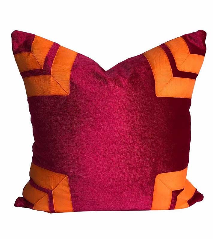 Dark fushia Velvet orange tape colorblock fret work Pillow Cover decorative  All Size Avai 16" 18" 20" 22 24"pink chinoiserie lumbar square