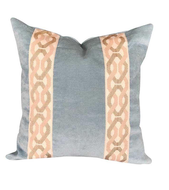 Designer Aqua blue Velvet Pillow Cover Gold ivory fret work chinoiserie ribbon trim All Size Available