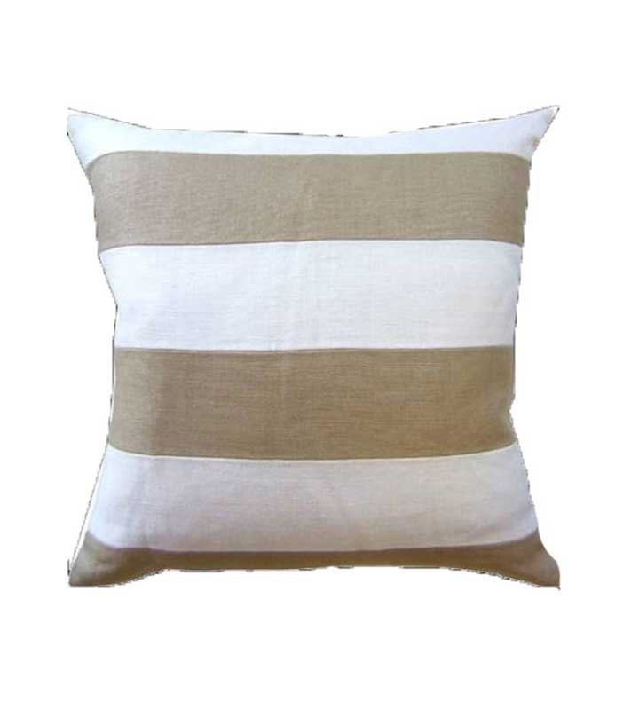 Belgian Linen Beige with white colorblock stripe Designer Pillow Cover decorative  All Size Available 16" 18" 20" Flax