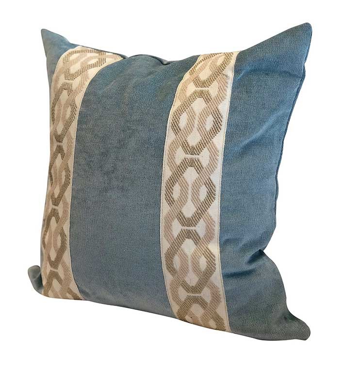 Designer Aqua blue Velvet Pillow Cover taupe beige ivory fret work chinoiserie ribbon trim All Size Available