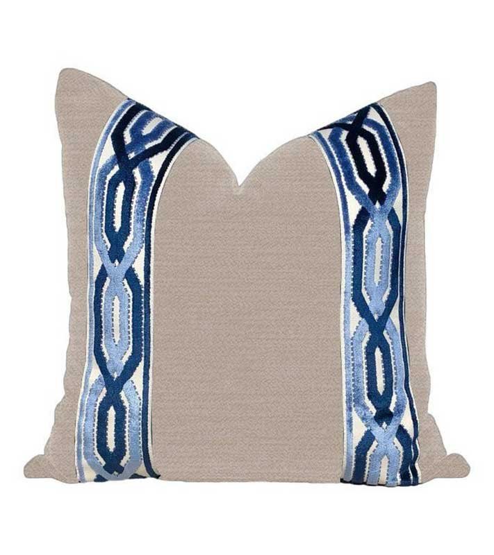 Designer beige flax belgian linen Pillow Cover blue navy off white ribbon trim All Size Available chinoiserie Passementerie Chain link tape