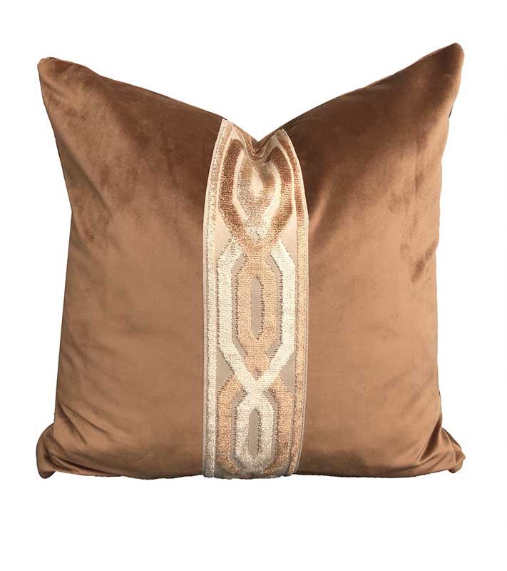 Designer Camel Soft Velvet Pillow Cover fret work tan brown chain link tape ribbon trim All Size chinoiserie neutral gold chinoiserie
