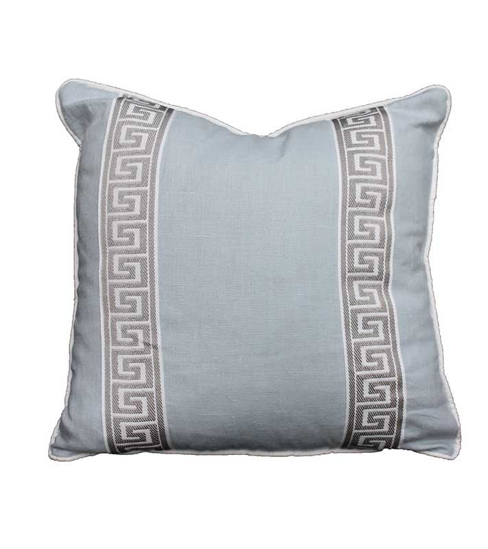 Designer light blue linen & grey greek key ribbon trim Pillow Cover All Size Available cushion 12 16 18 20 22 inch