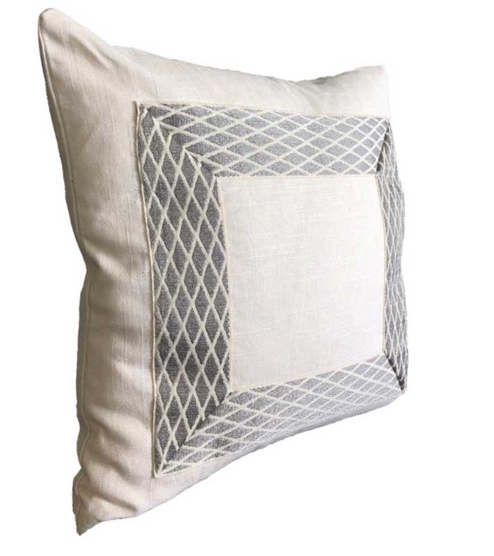 Designer linen off white  Pillow Cover Grey diamond cream herringbone Link ribbon trim tape All Size Available neutral Hollywood Regency