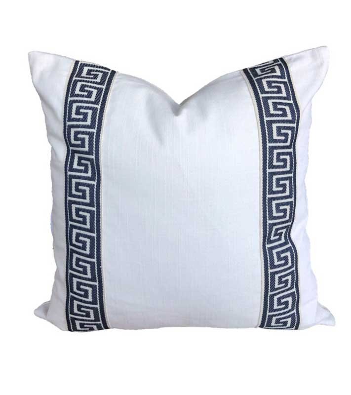 Designer off white Linen Pillow Cover navy cream Greek key ribbon trim All Size Available chinoiserie 16, 18, 20, 22, 24 inch
