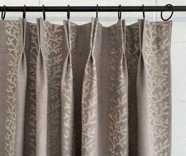 Designer Fabric Embroidered Coral Reef Taupe Linen Panel Window treatment drapery