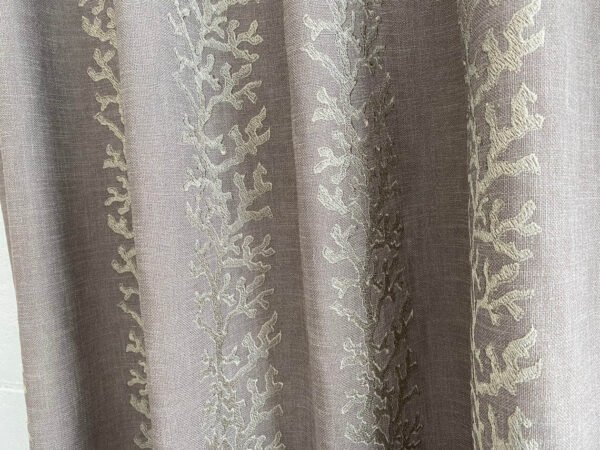 Designer Fabric Embroidered Coral Reef Taupe Linen Panel Window treatment drapery