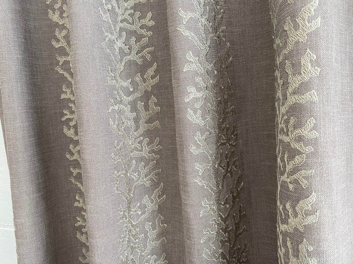 Designer Fabric Embroidered Coral Reef Taupe Linen Panel Window treatment drapery2