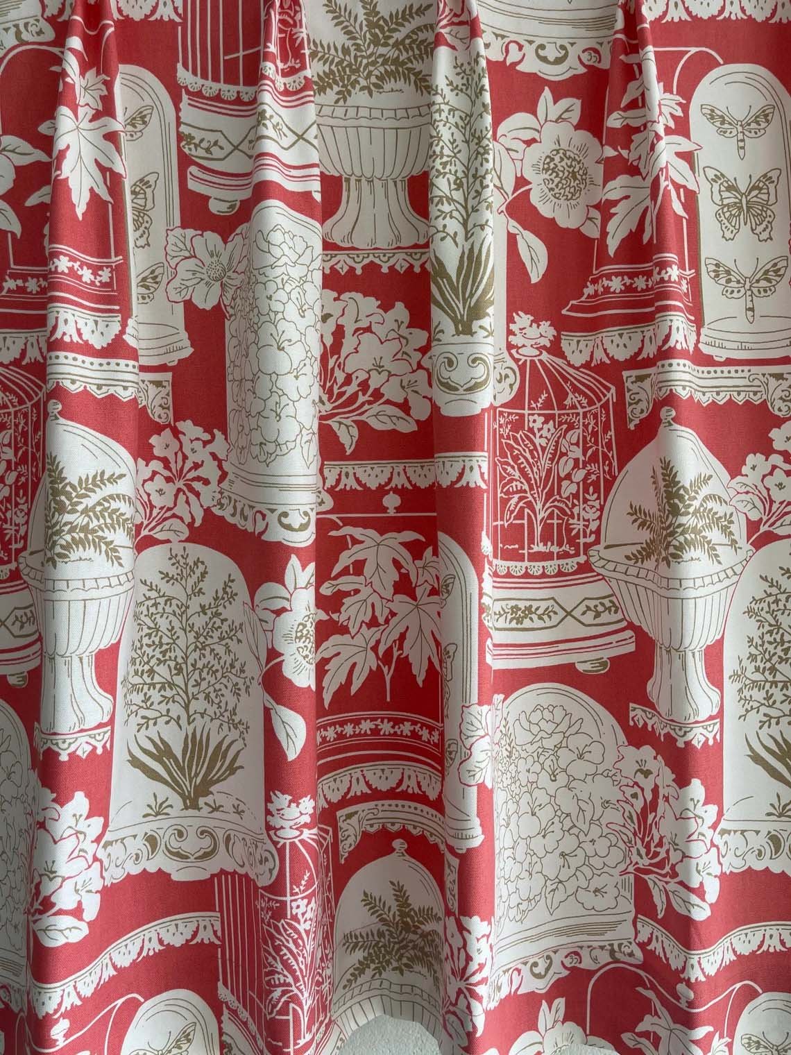 Designer Fabric Lee Jofa Coral pink print floral toile jar fern butterfly jar chinoiserie Curtain Panel designer fabric Window treatment2